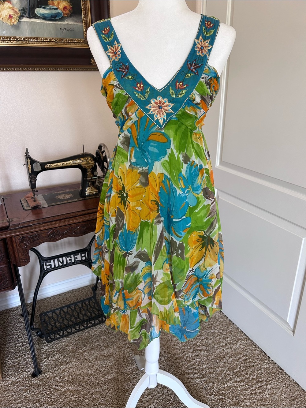 Floral V-Neck Sleeveless Sundress in Teal & Yellow